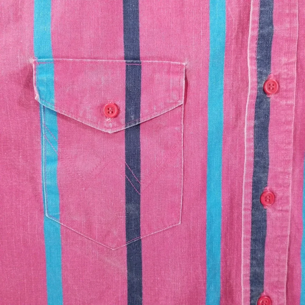 VTG Wrangler Brushpopper Shirt Mens 17 XL Pink Striped Western Rodeo Cowboy Blue